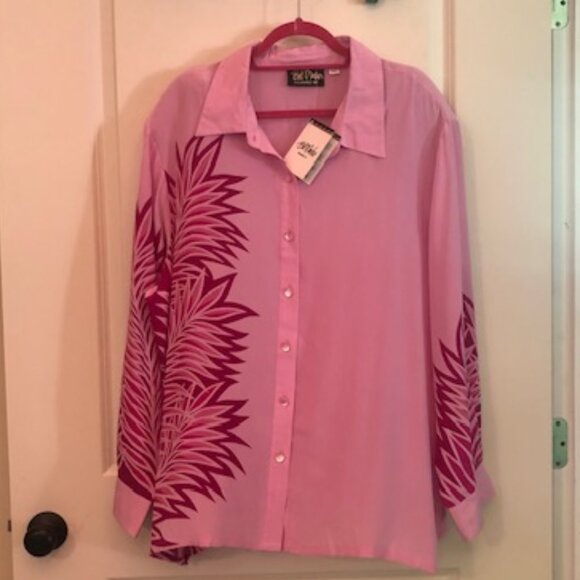 NWT Vintage Bob Mackie 100% Silk Wearable Art Pink Palms Blouse Shirt Size XL - Picture 6 of 12